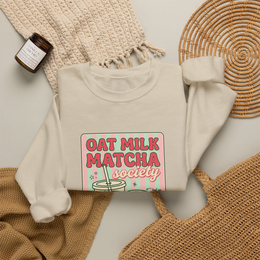 Oat Milk Matcha Society Crewneck Sweatshirt | Matcha Aesthetic, Cafe Club Graphic