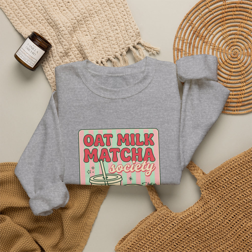 Oat Milk Matcha Society Crewneck Sweatshirt | Matcha Aesthetic, Cafe Club Graphic