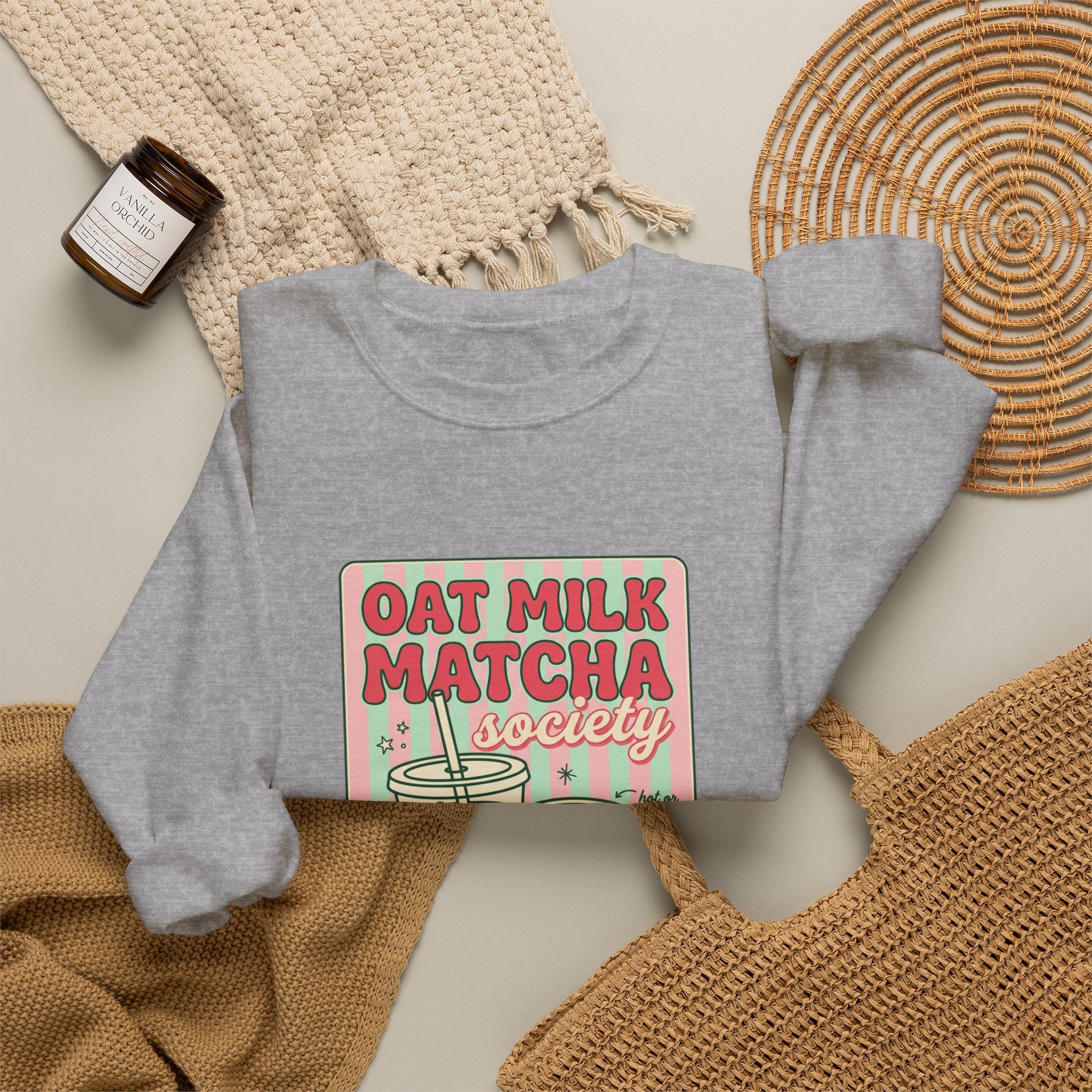 Oat Milk Matcha Society Crewneck Sweatshirt | Matcha Aesthetic, Cafe Club Graphic